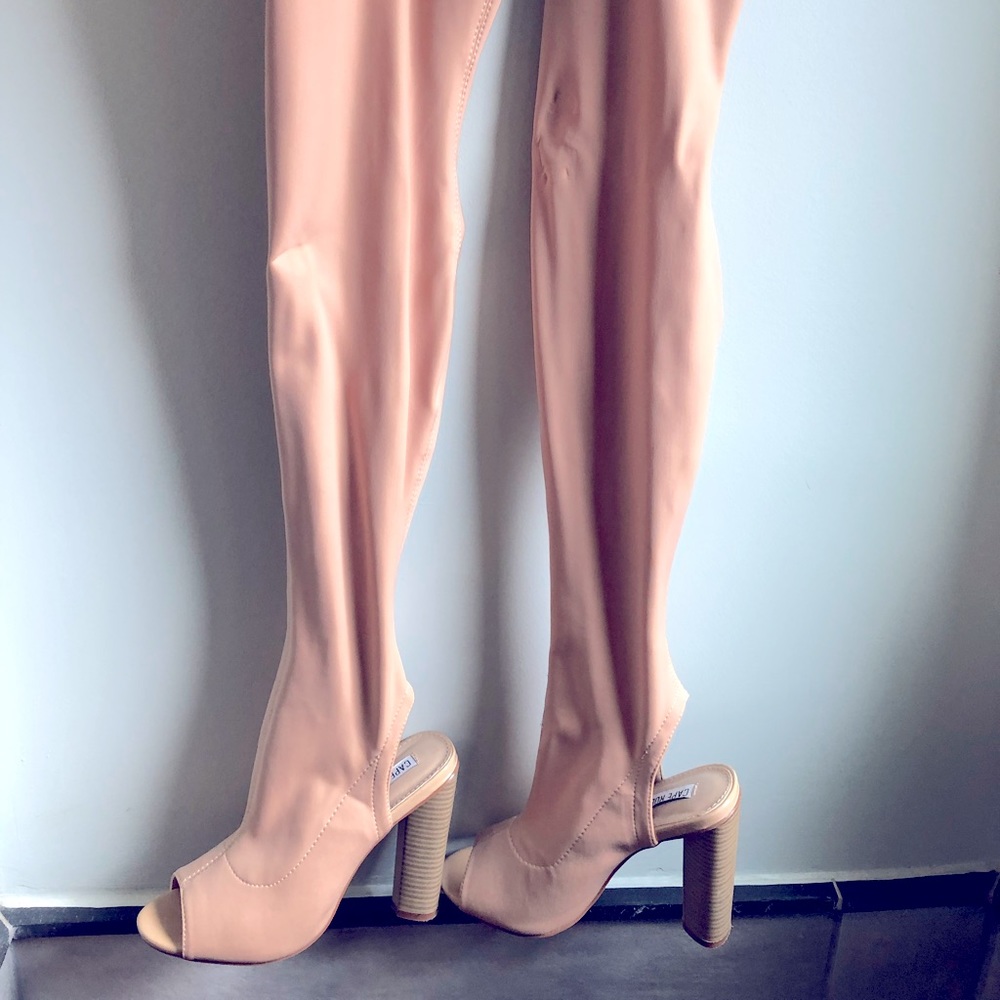 Size 6.5 thick spandex type material thigh high peep toe boot